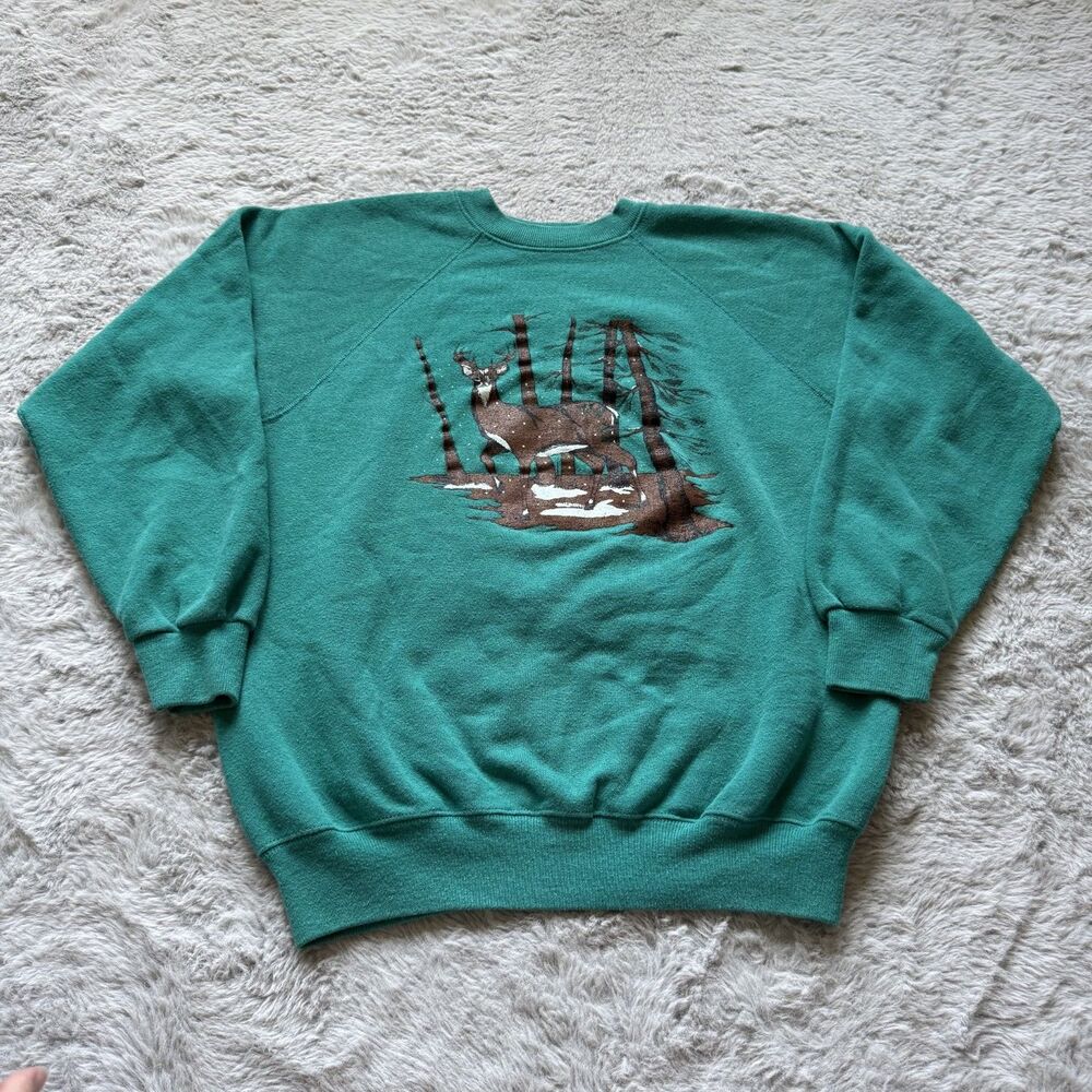 VINTAGE TEAL CREWNECK SWEATSHIRT WILDLIFE NATURE GRAPHIC DEER HANES MEDIUM